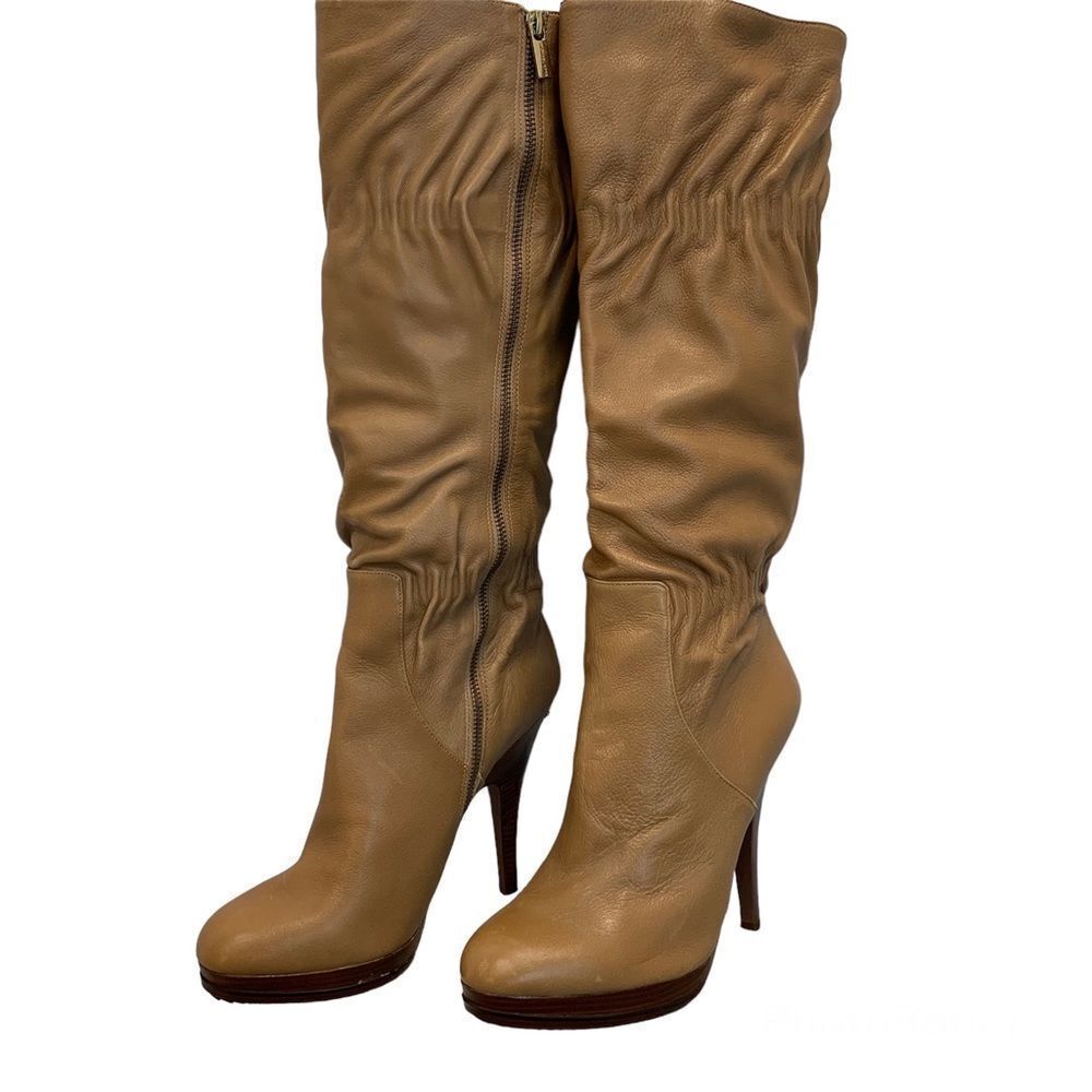 MICHAEL Kors camel brown leather high heel platform slouchy ruched boots Sz 10